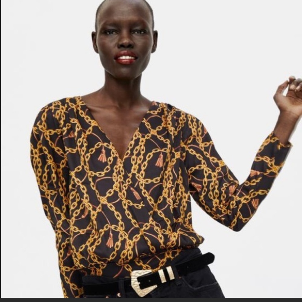 ZARA Woman Black Plunge Neckline Chain Print Bodysuit